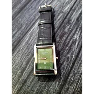Rare Vintage Slim‎ Tank Quartz Mans Slv-Grn-Blk Leather Watch